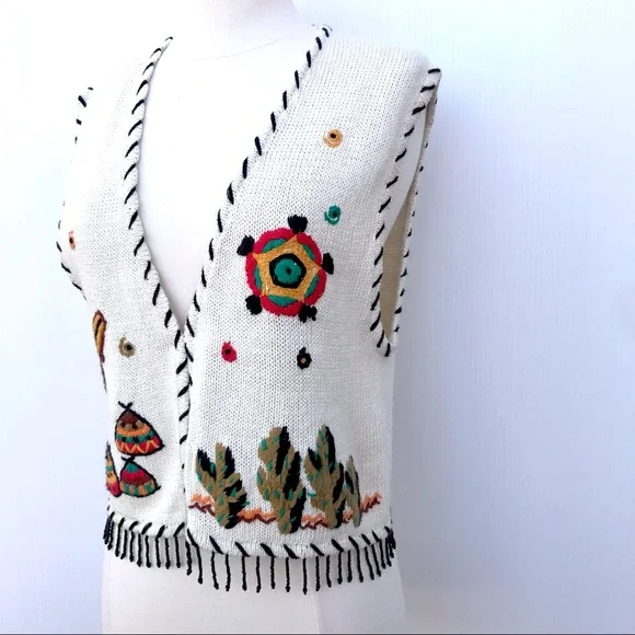 Vintage 80’s southwestern embroidered cactus native tassel sweater vest top - Picture 5 of 7